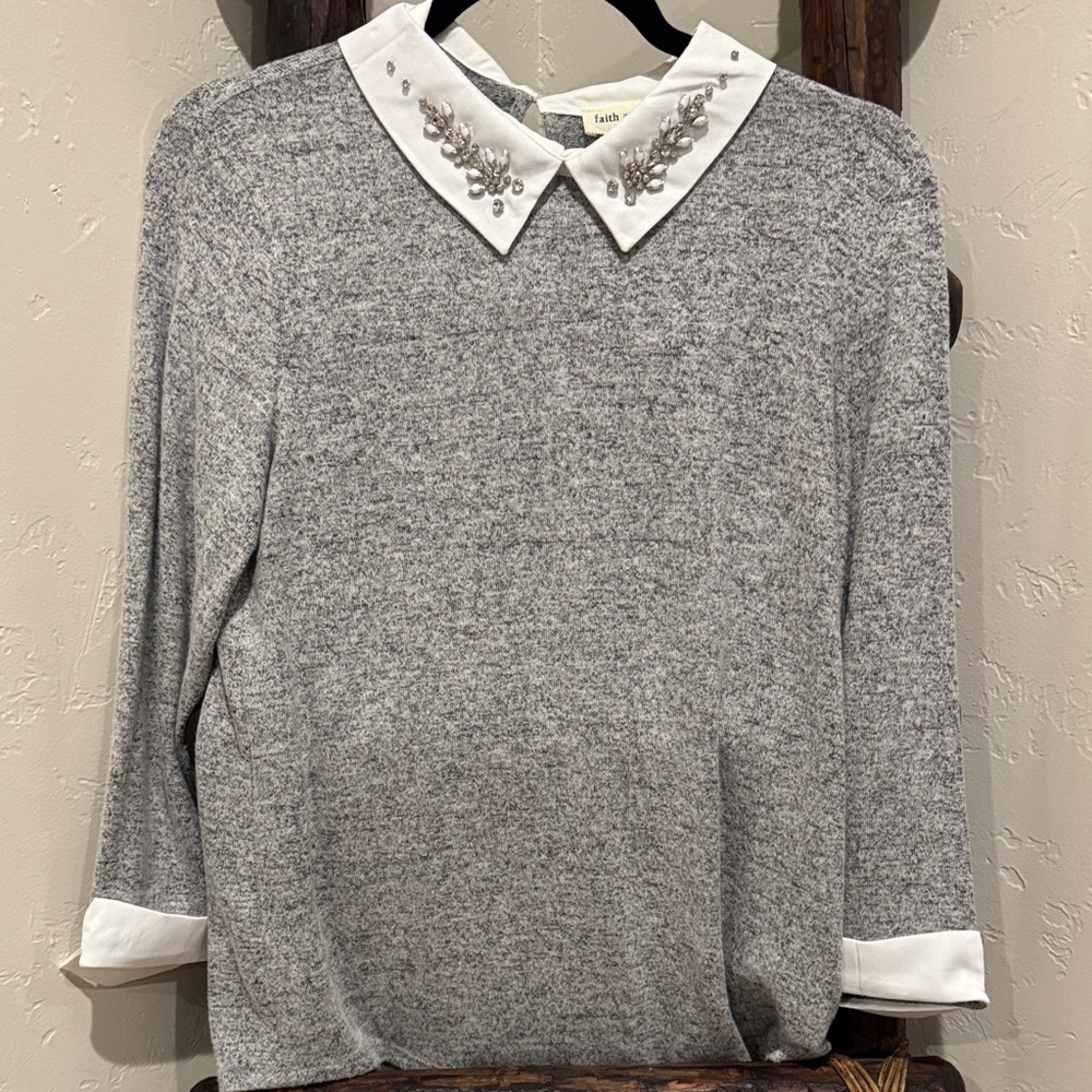 Faith and Joy Gray Blouse with Embellished White Collar